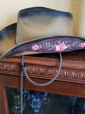 Brown Straw Weimin Babaya Western Hat with Pink Rose Embroidery and Chin Cord